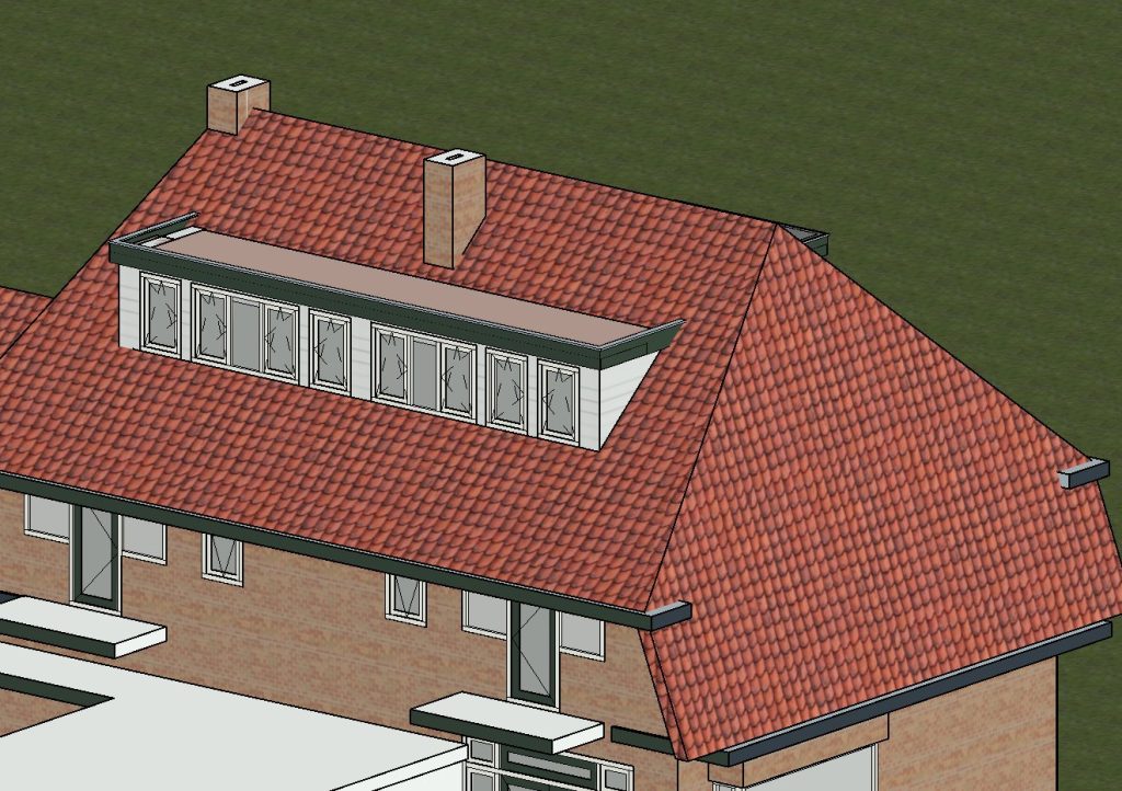 Revit-model van het dakvlak met brede dakkapel, schoorstenen en bestaande woningmassa