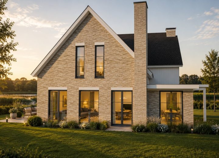 Geveldetail van Woonhuis De Engh met metselwerk, kaprand en schoorsteen