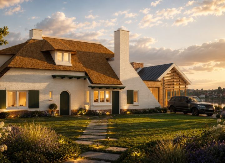Gerenoveerde villa in Rheden met rieten kap, moderne aanbouw, onderkelderde uitbreiding en avondlicht