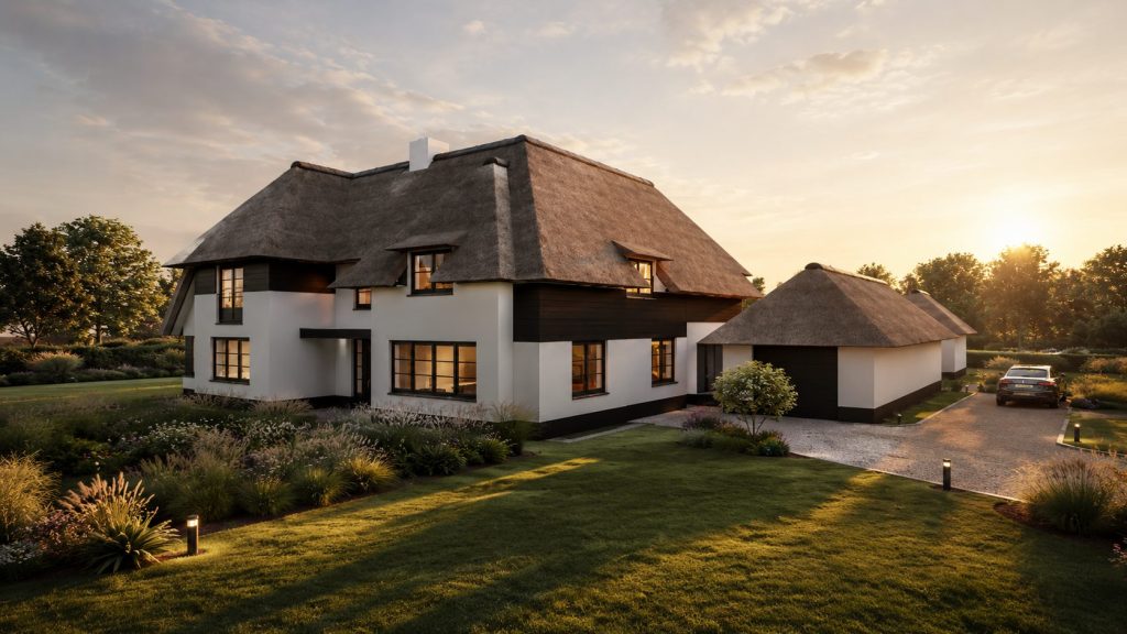 Exclusieve villa in Blaricum met rieten kap, avondverlichting en vrijstaand bijgebouw