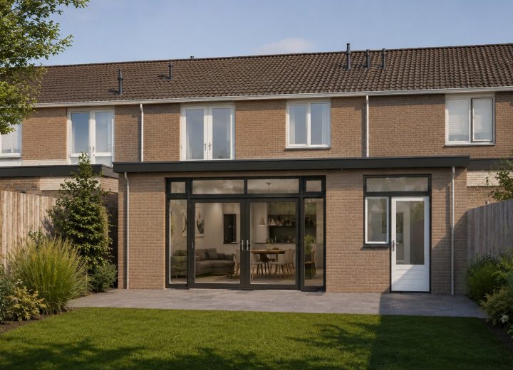 Uitbouw aan de achterzijde van een woning in Arnhem met grote glaspuien
