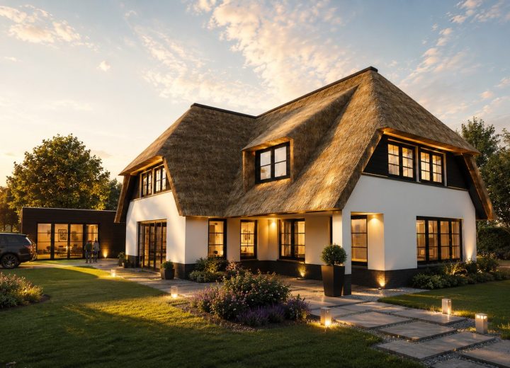 Vrijstaande villa in Blaricum met rieten kap, witte gevels en moderne zwarte detaillering