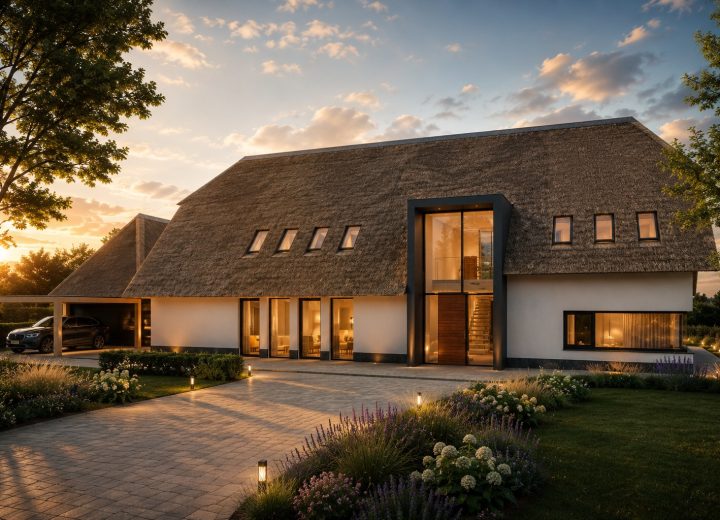 Voorgevel van Woonhuis Brabant met rieten kap, carport, transparante entree en geschakelde volumes