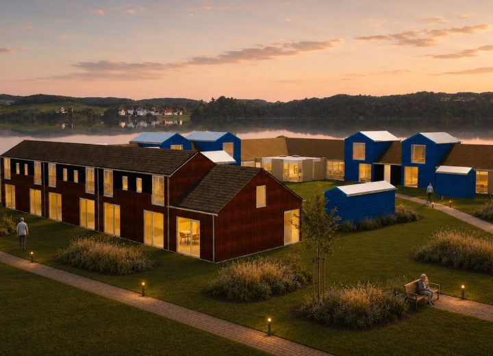 Zorgwoningen met blauwe houten gevelbekleding aan het binnenterrein