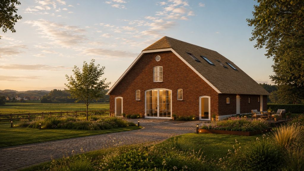 Getransformeerd agrarisch bijgebouw in Kesteren met metselwerkgevel, rieten kap, stalramen en grote glaspartij