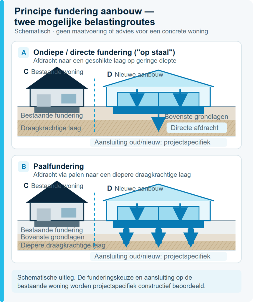 Schematische vergelijking van een ondiepe fundering en paalfundering bij een aanbouw